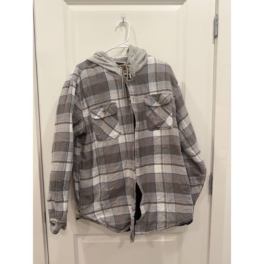 Wrangler Authentics Mens Plaid Hooded Flannel Shirt Jacket Quilted Lined Grey L
